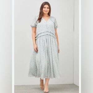 NWOT Polagram Women Ruffle Puff Sleeve Cottagecore Milkmaid Floral Midi Dress 2X